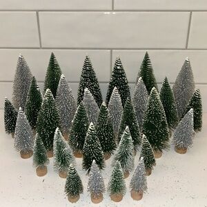 Lot 30 Flocked Bottle Brush Mini Christmas Trees Silver Green Variety Winter